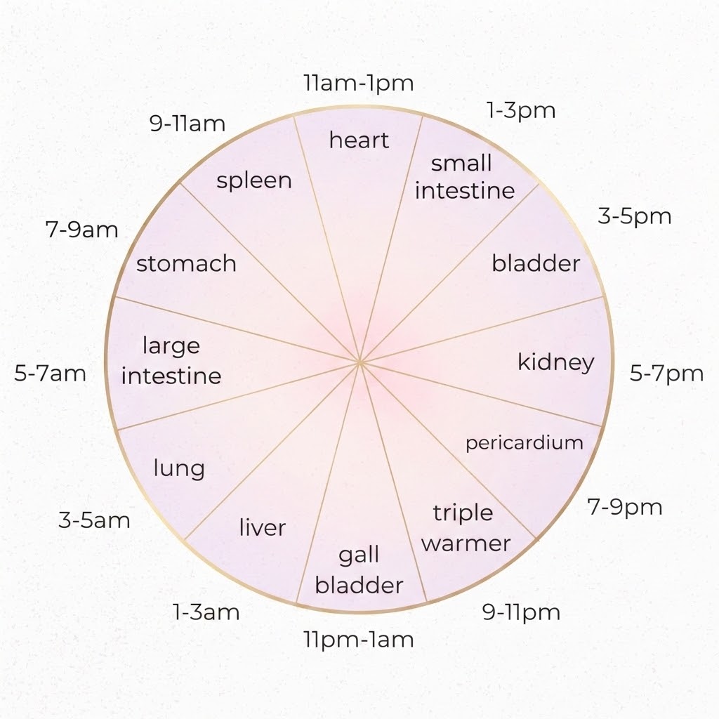 The 12 channels arranged around a 24-hour organ clock